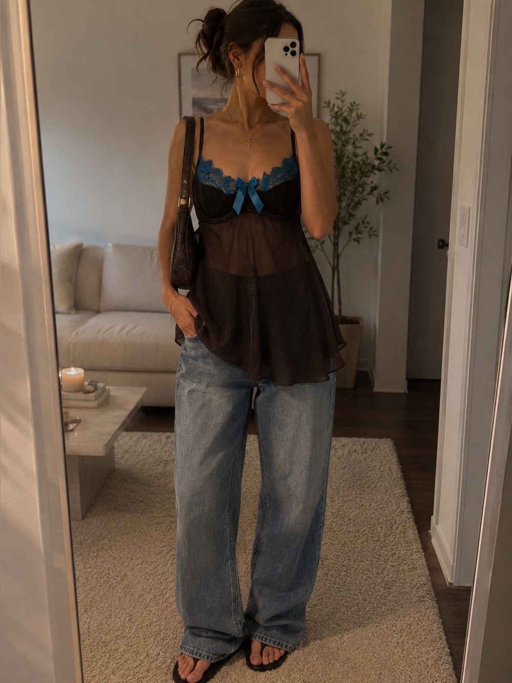 Brown & Blue Lace Babydoll Top 🦋